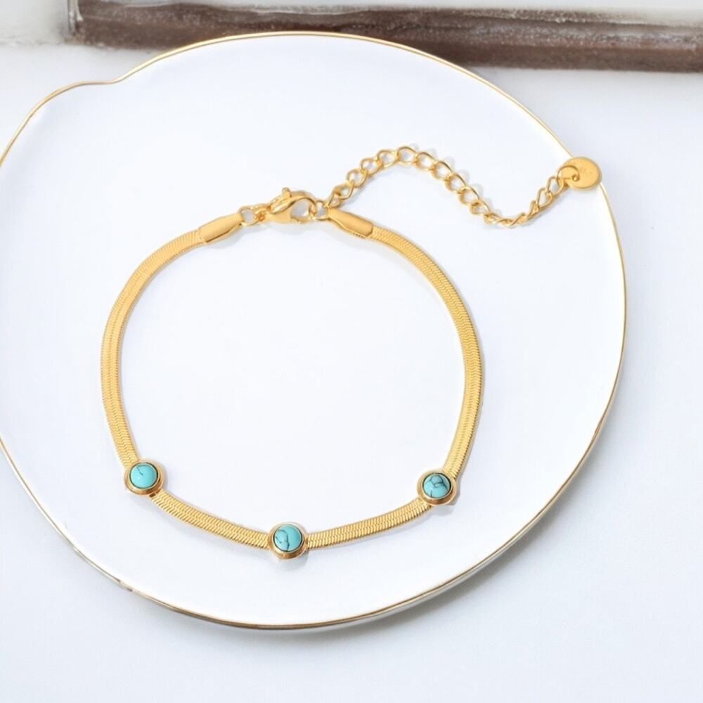 NEW 18k yellow gold plated flat snake chain turquoise bracelet jewelry B27A